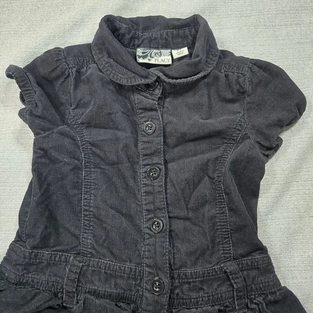 The Childrens Place 3T Black Corduroy Ruffle Tiered Dress Goth Peter Pan Collar